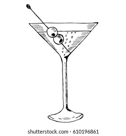 Martini With Olive In Glass Hand Drawn Ink Sketch, Isolated. Alcoholic Cocktails Sketch Elements Illustration.