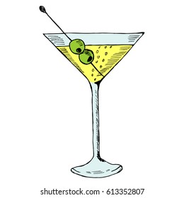 Martini With Olive In Glass Hand Drawn Ink Sketch, Isolated, In Color. Alcoholic Cocktails Sketch Elements Illustration.