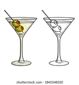 Martini with olive in glass, isolated, in color. Vector illustration.