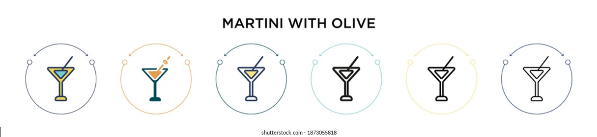 Martini with olive icon in filled, thin line, outline and stroke style. Vector illustration of two colored and black martini with olive vector icons designs can be used for mobile, ui, web
