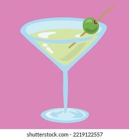 Martini with Olive on Pink Background, Vector Illustration