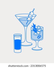 Martini, Paloma cocktails, and a short drink. Line art, retro. Vector illustration for bars, cafes, and restaurants.