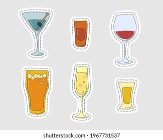 Martini rum red wine beer champagne tequila glassware as a sticker. Cartoon sketch graphic design. Doodle style. Colored hand drawn image. Party drink for restaurant, cafe. Freehand drawing style.
