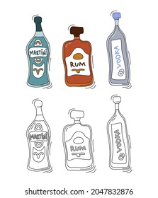Martini, rum, vodka bottle on white background. Two kinds beverage. Vector cartoon sketch. Doodle style with black contour line. Colored hand drawn object. Party drinks concept. Freehand drawing style