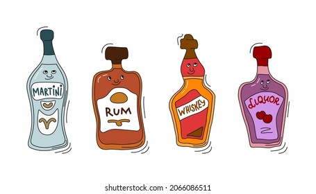 Martini, rum, whiskey and liquor with smile on white background. Cartoon sketch graphic design. Doodle style with black contour line. Cute hand drawn bottle. Party drinks concept. Freehand drawing.
