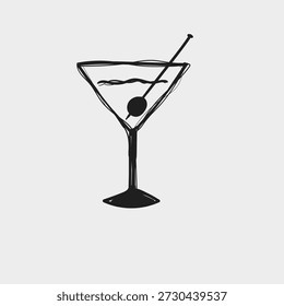 Un martini se muestra en un vaso transparente con un tallo delgado. Hay una aceituna en un palo colocado en la bebida. El fondo es liso y blanco.