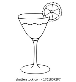 Martini con un trozo de cal. Vidrio con bebida alcohólica. Ilustración vectorial. Esbozo. Un cóctel refrescante. Un aperitivo ligero. Esquema sobre un fondo blanco aislado. Estilo Doodle. 
