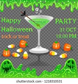 Martini and treats in the form of pumpkin. Orange-yellow-white candy. Used gradient and transparency in art. Transparency in the vector program. Vector illustration. EPS 10.