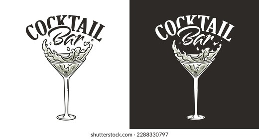 Martini vector with olives and splashes for alcohol cocktail bar or drink party. Logo design with glass of martini for bartender or barman