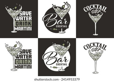 Martini vector set with olives and splashes for alcohol cocktail bar or drink party. Logo designs with glasses of martini for bartender or barman.