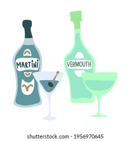 Martini and vermouth bottle and wineglass on white background. Cartoon sketch graphic design. Doodle style. Hand drawn image. Party drinks concept. Freehand drawing style. Vector.
