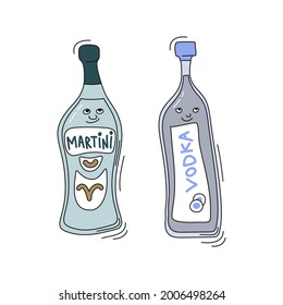 Martini and vodka with smile on white background. Cartoon sketch graphic design. Doodle style with black contour line. Cute hand drawn bottle. Party drinks concept. Freehand drawing style. Vector.
