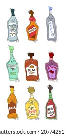 Martini whiskey vodka vermouth rum liquor beer tequila red wine with smile on white background. Cartoon sketch graphic design. Doodle style with black contour line. Cute hand drawn bottle. Vector.