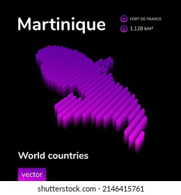 Martinique 3D map. Stylized neon simple digital isometric striped vector 3d Martinique map. Map of Martinique is in violet colors on black background