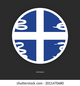 Martinique circle flag with white border on dark grey background. Martinique button flag isolated on barely dark background.