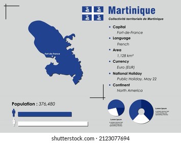 Martinique infographic vector illustration complemented with accurate statistical data. Martinique country information map board and Martinique flat flag