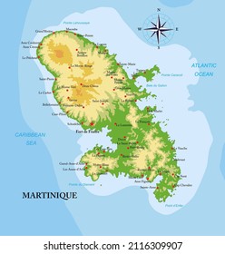 Mapa físico altamente detallado de la isla Martinica