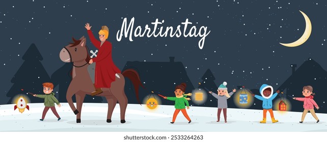 Anuncio de Martinstag con los niños que llevan las linternas y un hombre a caballo, escena nevada del invierno, cielo iluminado por la luna