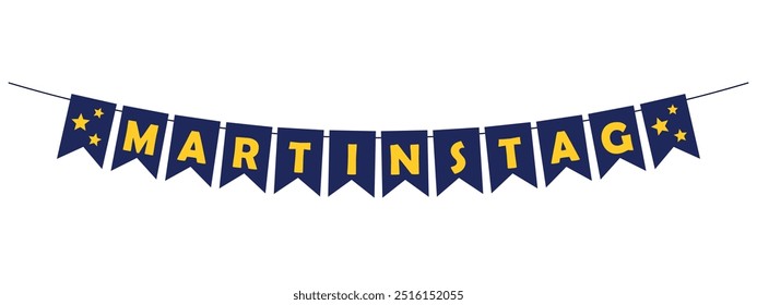 Martinstag bunting, día de San Martín en Alemania, banderines azul oscuro y letras amarillas, Anuncio de fiesta, decoración de Vector panorámico