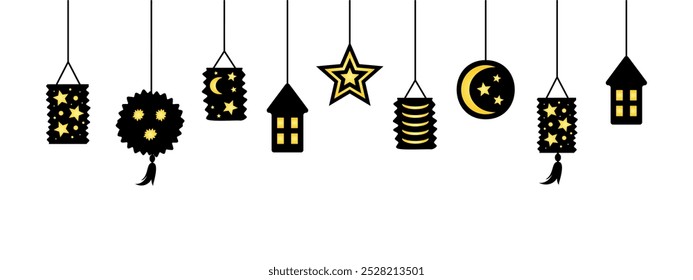 martinstag decoration, hanging lanterns, decorative top line for saint martin day, panoramic vector decoration
