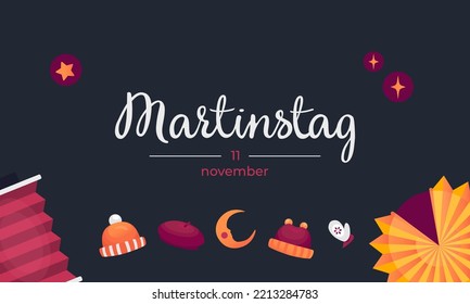 Martinstag holiday greeting card. Saint Martin's day celebrating poster. Paper lantern, hat, mitten. Hold on 11 november in Germany and Netherlands.