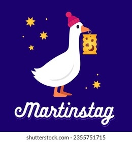 Martinstag (St. Martin's Day) holiday greeting card. Cute cartoon goose holding paper lantern. Vector clip art illustration. 