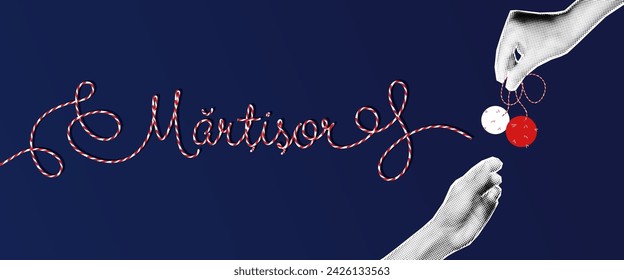 Martisor banner template with Romanian text. One hand giving to other Moldavian and Bulgarian spring and March talisman. Modern retro halftone collage vector illustration