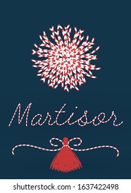 Martisor celebrating postcard vector template. With pom-pom elements. 1 march first spring holiday background