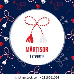 Martisor celebration greeting card, vector illustration with cute cartoon style martisor talismans, gifts and seamless pattern. Traditional spring holiday in Romania and Moldova. March 1.

