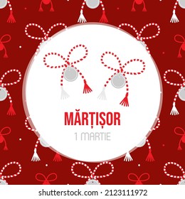 Martisor celebration greeting card, vector illustration with cute cartoon style martisor talismans, gifts and seamless pattern. Traditional spring holiday in Romania and Moldova. March 1.