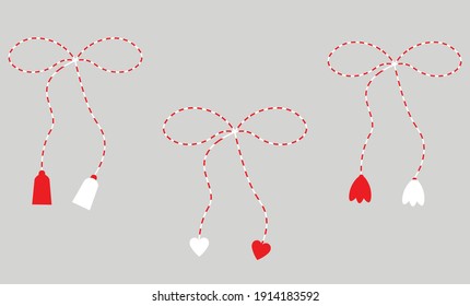 Martisor, cute set, isolated, red and white, spring, March, gift, vector illustration