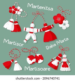 The Martisor holiday, the meeting of early spring. A set of cute different charms - Martenitsa.