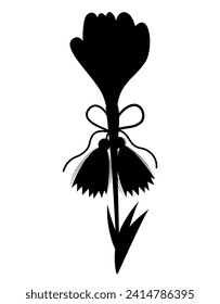 Martisor holiday. Silhouette accessory talisman Martenitsa with spring flower saffron. Symbol for spring beginning. Black hand drawn drawing. Vector illustration 