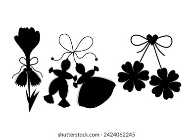 Martisor holiday silhouettes set. Martenitsa talisman. Isolated vector black drawings amulets. Moldovan, Romanian and Bulgarian symbol for spring beginning. 1 March