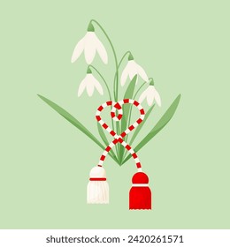 martisor horizontal banner. red-white ribbon with snowdrops. Vector illustration