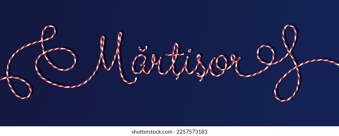 Martisor lettering with striped string red and white. Martenitsa symbol of spring. Romanian and Moldavian March talisman. Holiday background, poster Vector illustration