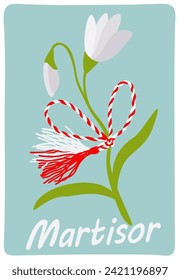 Martisor. Match 1. Martenitsa sign on blooming lily of the valley.