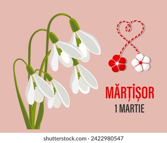 Martisor, Moldovan and Romanian traditional spring holiday. Bouquet of white snowdrops. Floral spring background, postcard, vector