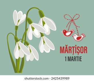 Martisor, Moldovan and Romanian traditional spring holiday. Bouquet of white snowdrops. Floral spring background, postcard, vector	