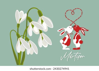 Martisor, Moldovan and Romanian traditional spring holiday. Bouquet of white snowdrops. Floral spring background, postcard, vector	