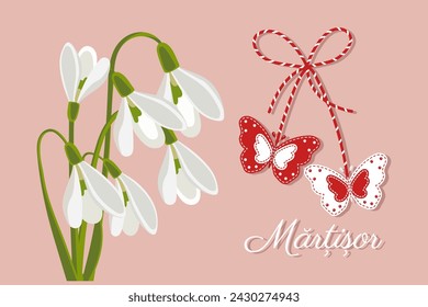 Martisor, Moldovan and Romanian traditional spring holiday. Bouquet of white snowdrops. Floral spring background, postcard, vector	