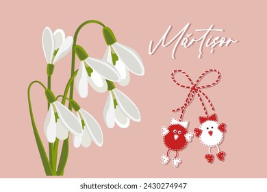 Martisor, moldavo y rumano tradicional vacaciones de primavera. Ramo de gotas de nieve blancas. Fondo de primavera floral, postal, vector	