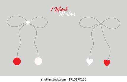 Rot und weiß, süßer Satz einzeln, 1. März, Frühling, Marschbanner, Saisondekoration, traditionelles, nettes Design, Liebe, Geschenk, Vektorgrafik