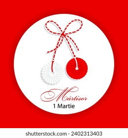 Martisor, símbolo rojo y blanco de la primavera. Fiesta primaveral tradicional en Rumania y Moldavia. 1 de marzo. Tarjeta de vacaciones, pancarta, vector.