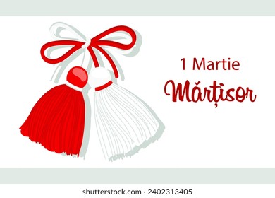 Martisor, red and white symbol of spring. Traditional spring holiday in Romania and Moldova. March 1.Holiday card, banner, vector.