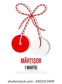 Martisor, red and white symbol of spring. Traditional spring holiday in Romania and Moldova. March 1.Holiday card, banner, vector.