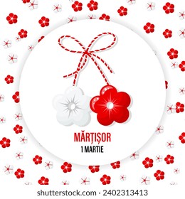 Martisor, red and white symbol of spring. Traditional spring holiday in Romania and Moldova. March 1.Holiday card, banner, vector.