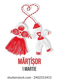 Martisor, red and white symbol of spring. Traditional spring holiday in Romania and Moldova. March 1.Holiday card, banner, vector.