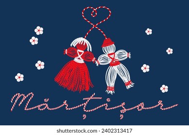 Martisor, red and white symbol of spring. Traditional spring holiday in Romania and Moldova. March 1.Holiday card, banner, vector.