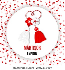 Martisor, red and white symbol of spring. Traditional spring holiday in Romania and Moldova. March 1.Holiday card, banner, vector.